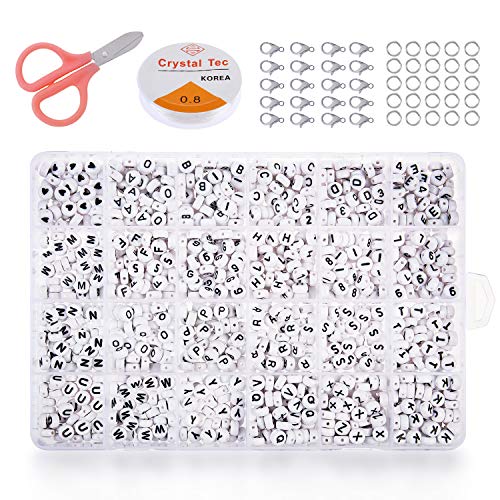 PHOGARY 1280pcs Buchstabenperlen Runde Perlen Buchstaben, Weiße Farben Schwarz Alphabet A-Z und Nummer 0-9 Acrylperlen Assorted Kit für Schmuck Basteln von PHOGARY