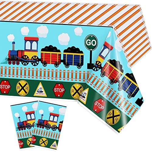 PHOGARY 2 Stücke Zug Tischdecke 2,20 m x 1,30 m Train Tischdecken Einweg-Plastik Rechteckigen Tischabdeckungen für Baby Dusche Zug Geburtstag Party Dekorationen Train Themed Birthday Party Supplies von PHOGARY