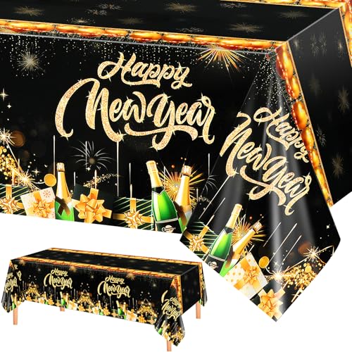 PHOGARY Silvester Tischdecke Silvester Deko 2025, Neujahr Silvesterdeko für Happy New Year 2025 Tischdekorationen, Silvester Tischdeko, Deko Schwarz Gold-Tischdecken, New Years Eve Decoration von PHOGARY