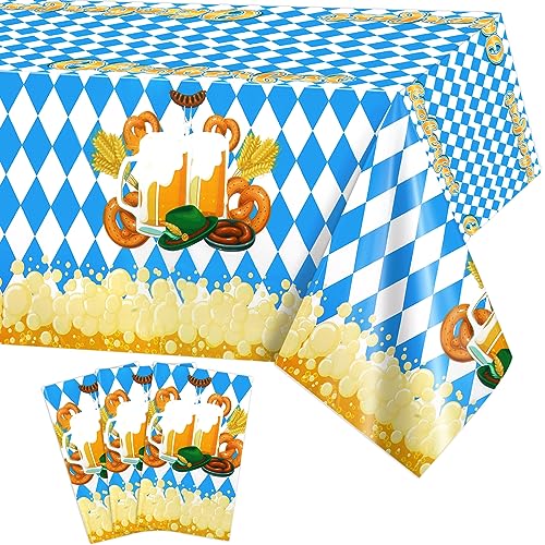 PHOGARY 3 Pack Oktoberfest Deko Tischdecke, Bayerische Karo-Tischdecke in Blau & Weiß Oktoberfest Motiv Plastik Tischdecken Deutsche Oktoberfest Dekorationen Partyzubehör, 54" x 108" von PHOGARY