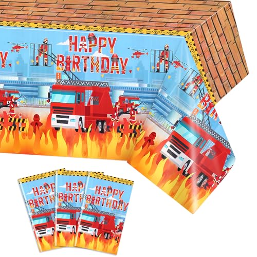 PHOGARY 3 STÜCK Feuerwehrauto Tischdecke für Feuerwehrauto Party Dekoration, Kunststoff Rechteck Feuerwehrmann Tischdecken für Kinder Baby Dusche Feuerwehrauto Geburtstagsparty Zubehör 137X274CM von PHOGARY