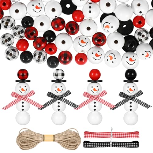 PHOGARY 70 Stück Weihnachten Holzperlen mit Gesicht, 20mm Schneemann Holzperlen mit Hanfseil Schal für Schneemann Bastelset Weihnachten, Weihnachtsbaumschmuck, DIY-weihnachten Basteln kinder von PHOGARY