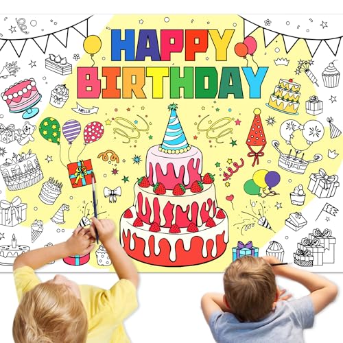 PHOGARY Papier-Tischdecke zum Ausmalen, Ausmaltischdecke für Kinder, Geburtstagsbanner Happy Birthday Deko Ausmal-Tischdecke, Happy Birthday Poster zum Ausmalen, Mal Mich Bunt, Deko Kindergeburtstag von PHOGARY