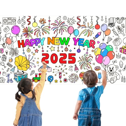 PHOGARY Riesen-Malposter mit Aufschrift "Happy New Year", Wandmalerei, Poster, Tischdecke für Kinder, Neujahr, Partygeschenke, Schulpartyzubehör, Klassenzimmer, Heimdekoration von PHOGARY