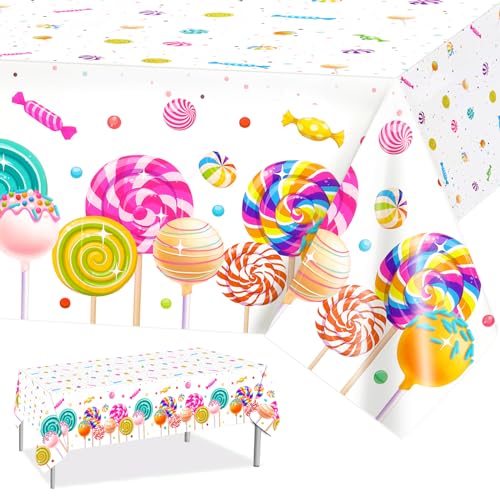 PHOGARY Süßes Candyland Tischdecke, 3er Pack Bonbon-Themen Plastik Tischdecken, Zwei Süße Geburtstags Tischdecken Bunte Lutscher Tischdecken für Mädchenparty, Candy Land Weihnachtsdekoration von PHOGARY