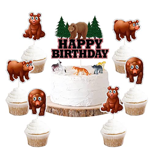 (7 Stück) Bär Happy Birthday Cupcake-Topper, Wild One Baby Bear Kuchendekoration – Wald-Babyparty-Dekorationen-Zubehör von PHOHUI HAVE A NICE TIME