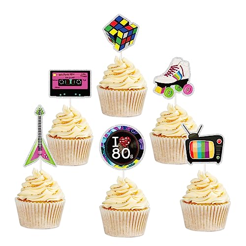 18 Stück glitzernde Dessert-Cupcake-Topper, Back To The 80s Picks Cupcake Dekor, Retro Throwback Thema Mann Frau Happy Birthday Party Event Glitzer Dekoration Supplies von PHOHUI HAVE A NICE TIME