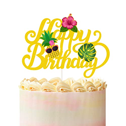 Palmblätter Happy Birthday Tortenaufsatz Tropische Hawaii Luau Kuchen Pick Glitzer Tropische Blume Plam Leave Ananas Kuchen Dekoration für Sommer Babyparty Geburtstag Party Supplies von PHOHUI HAVE A NICE TIME