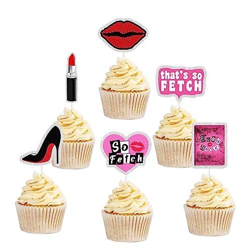 Rosa Glitzer So Fetch Cupcake-Topper, Mean-Mädchen-Thema, Lippendekoration, Make-up, Dessert-Cupcake-Topper, Damen, Mädchen, Happy Birthday-Party-Dekoration. 18 Stück von PHOHUI HAVE A NICE TIME