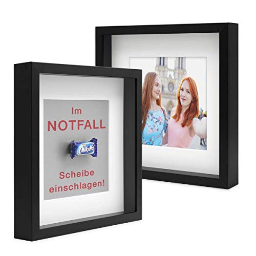 PHOTOLINI 3D-Bilderrahmen zum Befüllen 30x30 cm, Schwarz, Bilderrahmen extra tief mit Passepartout, 2er Set Objektrahmen für Gegenstände, stabiles MDF-Holz mit Echtglas - zum Basteln und Schenken von PHOTOLINI