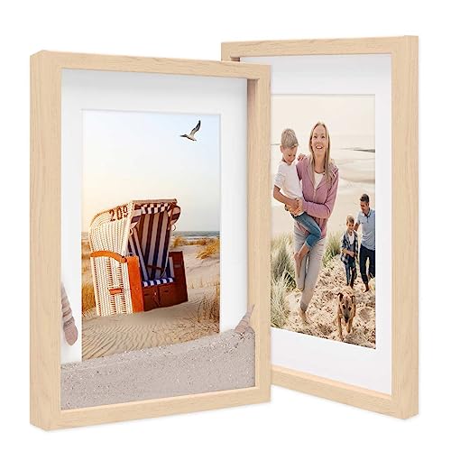 PHOTOLINI 3D-Bilderrahmen zum Befüllen 30x40 cm, Natur, Bilderrahmen tief mit Passepartout, 2er Set Objektrahmen für Gegenstände, stabiles MDF-Holz mit Echtglas - zum Basteln und als Geschenk von PHOTOLINI