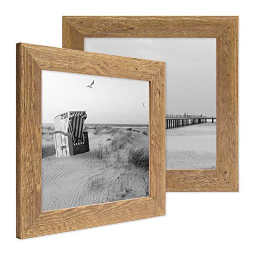 Bilderrahmen 10x10 cm Holz Eiche-Optik, 2er Set Echtholz-Rahmen rustikal, Strandhaus, Made in Germany, Echtglas, zum Aufhängen & Aufstellen, extra Zubehör - Treibholzlook mit einem Hauch Küstenflair von PHOTOLINI