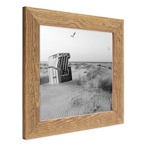 Bilderrahmen 10x10 cm Holz Eiche-Optik, Echtholz-Rahmen rustikal, Strandhaus, Made in Germany, Echtglas, zum Aufhängen & Aufstellen, extra Zubehör - Treibholzlook mit einem Hauch Küstenflair von PHOTOLINI