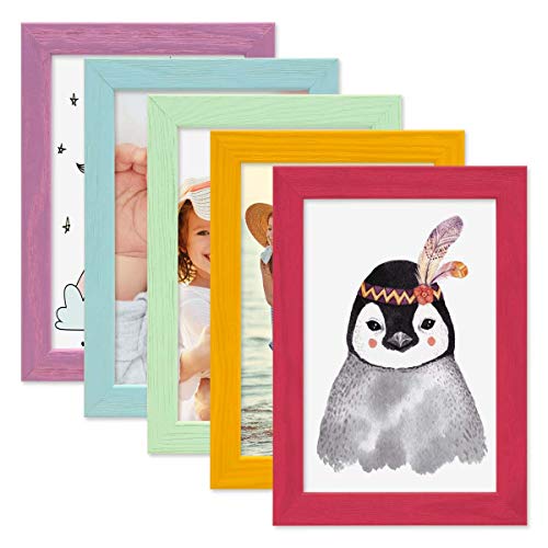 PHOTOLINI Bilderrahmen Kinderzimmer 10x15 cm Bunt, 5er Set Wechselrahmen farbig, Holz, Acrylglas, Made in Germany, zum Aufstellen & Aufhängen, mit Zubehör - für bunte Kinderbilder von PHOTOLINI