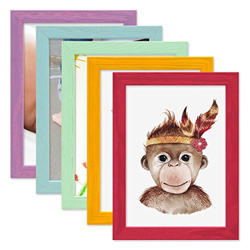 PHOTOLINI Bilderrahmen Kinderzimmer 15x20 cm Bunt, 5er Set Wechselrahmen farbig, Holz, Acrylglas, Made in Germany, zum Aufstellen & Aufhängen, mit Zubehör - für bunte Kinderbilder von PHOTOLINI