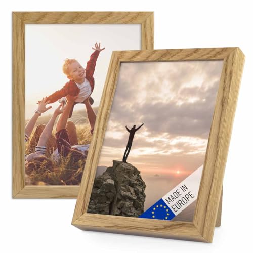 PHOTOLINI Bilderrahmen Holz 13x18 Eiche, Holzbilderrahmen Made in EU, 2er Set, bruchsicheres Acrylglas, zum Aufhängen & Aufstellen, extra Zubehör - für Ihre liebsten Fotos & Bilder von PHOTOLINI