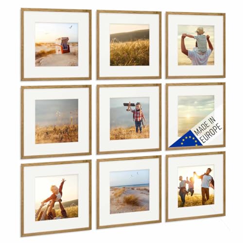 PHOTOLINI Bilderrahmen 30x30 cm Holz Eiche mit Passepartout, Holzrahmen Made in EU, 9er Set, bruchsicheres Acrylglas, zum Aufhängen, quadratisch, extra Zubehör - für Ihre liebsten Fotos & Bilder von PHOTOLINI