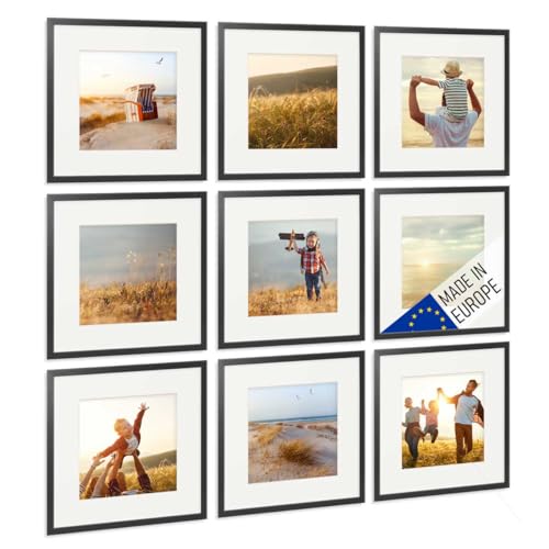 PHOTOLINI Bilderrahmen Holz 30x30 Schwarz mit Passepartout, Holzbilderrahmen Made in EU, 9er Set, bruchsicheres Acrylglas, zum Aufhängen, quadratisch, extra Zubehör - für Ihre liebsten Fotos & Bilder von PHOTOLINI