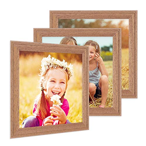 PHOTOLINI Bilderrahmen 10x10 cm Holz Eiche-Optik Landhaus-Stil, 3er Set Holz-Rahmen, Made in Germany, Echtglas, zum Aufhängen & Aufstellen, mit Zubehör - perfekt für Familienfotos & Urlaubsbilder von PHOTOLINI