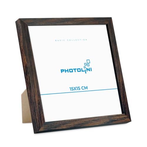 PHOTOLINI Bilderrahmen 15x15 Eiche Dunkel aus MDF-Holz Poster-Rahmen, bruchsicheres Acrylglas, zum Aufhängen & Aufstellen, extra Zubehör - für Fotos & Poster von PHOTOLINI