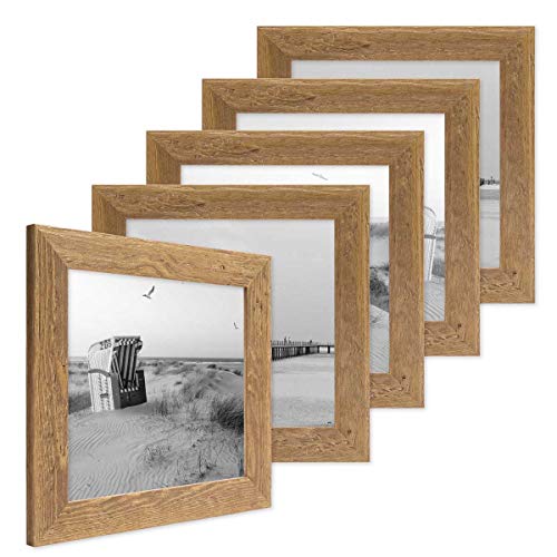 PHOTOLINI Bilderrahmen 20x20 cm Holz Eiche-Optik, 5er Set Echtholz-Rahmen rustikal, Strandhaus, Made in Germany, Echtglas, zum Aufhängen, extra Zubehör - Treibholzlook mit einem Hauch Küstenflair von PHOTOLINI