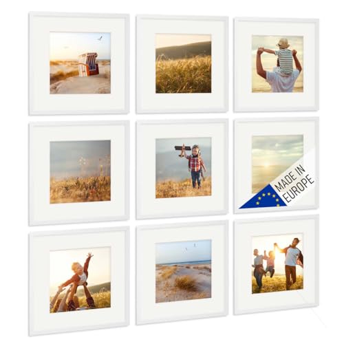 PHOTOLINI Bilderrahmen 30x30 cm Holz Weiß mit Passepartout, Holzrahmen Made in EU, 9er Set, bruchsicheres Acrylglas, zum Aufhängen, quadratisch, extra Zubehör - für Ihre liebsten Fotos & Bilder von PHOTOLINI