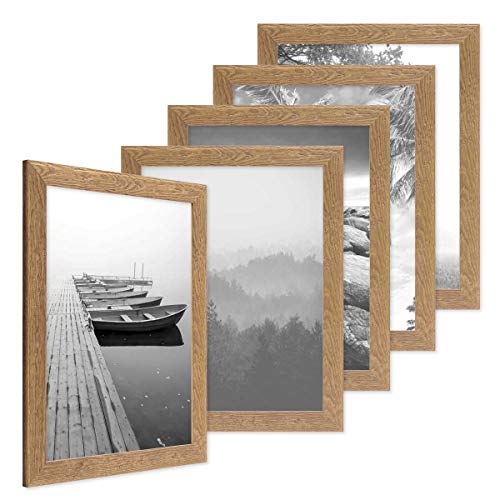 PHOTOLINI Bilderrahmen 30x40 cm Holz Eiche-Optik, 5er Set Echtholz-Rahmen rustikal, Strandhaus, Made in Germany, Echtglas, zum Aufhängen, extra Zubehör - Treibholzlook mit einem Hauch Küstenflair von PHOTOLINI