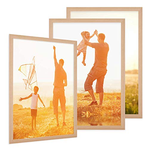 PHOTOLINI Bilderrahmen 30x40 cm Holz Natur Landhaus-Stil, 3er Set Holz-Rahmen, Made in Germany, Echtglas, zum Aufhängen, mit Zubehör - perfekt für Familienfotos & Urlaubsbilder von PHOTOLINI