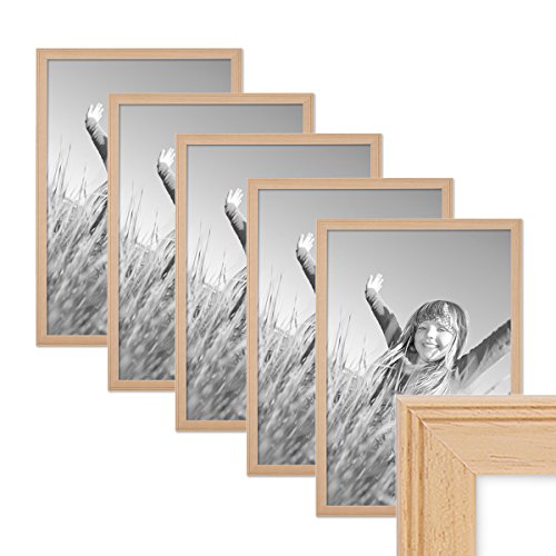 PHOTOLINI Bilderrahmen 30x40 cm Holz Natur Landhaus-Stil, 5er Set Holz-Rahmen, Made in Germany, Echtglas, zum Aufhängen, mit Zubehör - perfekt für Familienfotos & Urlaubsbilder von PHOTOLINI