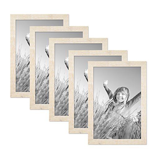 PHOTOLINI Bilderrahmen 30x40 cm Holz Weiß, 5er Set Echtholz-Rahmen rustikal, Strandhaus, Made in Germany, Echtglas, zum Aufhängen, extra Zubehör - Treibholzlook mit einem Hauch Küstenflair von PHOTOLINI