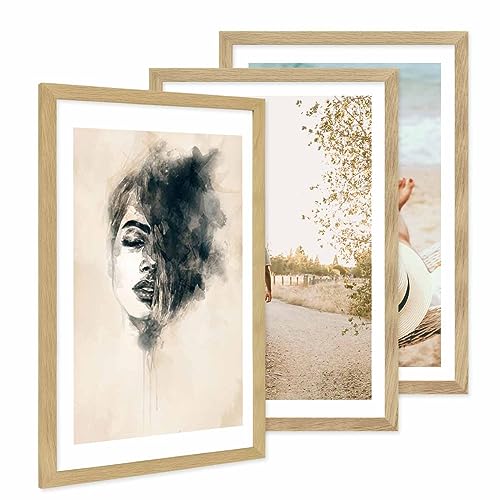 PHOTOLINI Bilderrahmen 40x60 3er Set Eiche Holz MDF, breiter Rahmen 40 x 60, bruchsicheres Acrylglas, Bilderrahmen 60x40 eiche zum Aufhängen, extra Zubehör - für Ihre stilvolle Wanddekoration von PHOTOLINI