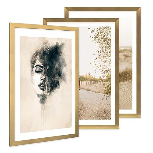 PHOTOLINI Bilderrahmen 40x60 gold 3er Set Holz MDF, breiter Rahmen 40 x 60, bruchsicheres Acrylglas, Bilderrahmen gold 60x40 zum Aufhängen, extra Zubehör - für Ihre stilvolle Wanddekoration von PHOTOLINI