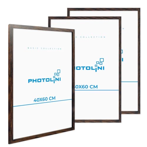 PHOTOLINI Bilderrahmen 40x60 3er Set Eiche Dunkel Holz MDF, Bilderrahmen 60x40, bruchsicheres Acrylglas, picture frame 40 x 60 zum Aufhängen, extra Zubehör - für Fotos & Poster von PHOTOLINI