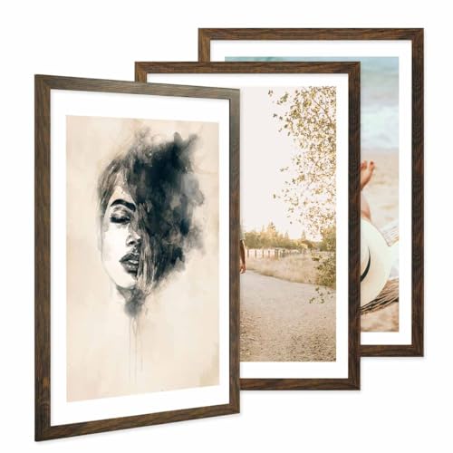 PHOTOLINI Bilderrahmen 40x60 3er Set Eiche Dunkel Holz MDF, breiter Rahmen 40 x 60, bruchsicheres Acrylglas, Bilderrahmen 60x40 zum Aufhängen, extra Zubehör - für Ihre stilvolle Wanddekoration von PHOTOLINI