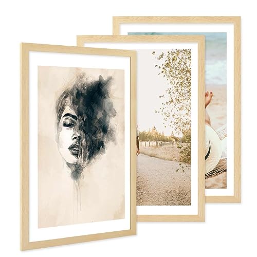 PHOTOLINI Bilderrahmen 40x60 3er Set Natur Holz MDF, breiter Rahmen 40 x 60, bruchsicheres Acrylglas, Bilderrahmen 60x40 natur zum Aufhängen, extra Zubehör - für Ihre stilvolle Wanddekoration von PHOTOLINI