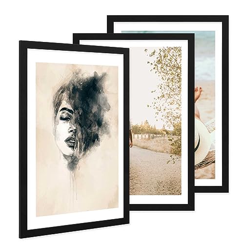 PHOTOLINI Bilderrahmen 40x60 3er Set schwarz Holz MDF, breiter Rahmen 40 x 60, bruchsicheres Acrylglas, Bilderrahmen 60x40 schwarz zum Aufhängen, extra Zubehör - für Ihre stilvolle Wanddekoration von PHOTOLINI