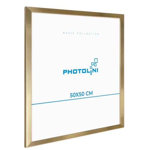 PHOTOLINI Bilderrahmen 50x50 Gold MDF-Holz Poster-Rahmen, bruchsicheres Acrylglas, zum Aufhängen, extra Zubehör - für Fotos & Poster von PHOTOLINI