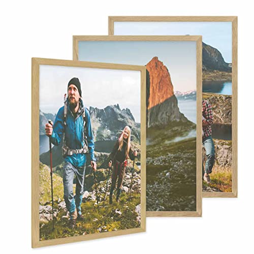 PHOTOLINI Bilderrahmen 50x70 3er Set Holz Eiche, breite moderne Puzzle Rahmen 70x50 Holz, bruchsicheres Acrylglas, 50x70 cm Bilderrahmen groß zum Aufhängen, picture frame 50x70 mit Zubehör von PHOTOLINI