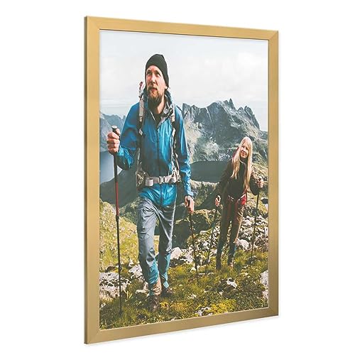 PHOTOLINI Bilderrahmen 50x70 Gold Holz MDF, breiter moderner Puzzle Rahmen 70x50, bruchsicheres Acrylglas, 50x70 cm Bilderrahmen groß zum Aufhängen, picture frame 50x70 mit Zubehör von PHOTOLINI