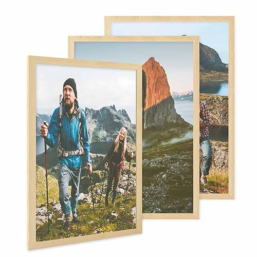 PHOTOLINI Bilderrahmen 50x70 3er Set Natur Holz MDF, breite moderne Puzzle Rahmen 70x50, bruchsicheres Acrylglas, 50x70 cm Bilderrahmen groß zum Aufhängen, picture frame 50x70 mit Zubehör von PHOTOLINI