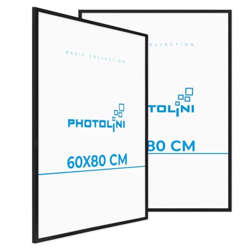 PHOTOLINI Bilderrahmen 60x80 Schwarz MDF-Holz, 2er Set Poster-Rahmen, bruchsicheres Acrylglas, zum Aufhängen, extra Zubehör - für Fotos & Poster von PHOTOLINI