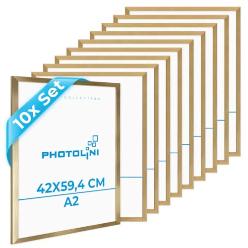 PHOTOLINI Bilderrahmen A2 Gold Holz aus MDF, 10er Set Picture Frame DIN A2 Rahmen 42x60, bruchsicheres Acrylglas, DIN A2 Bilderrahmen 60x42 zum Aufhängen, extra Zubehör - A2 Frame für Fotos & Poster von PHOTOLINI