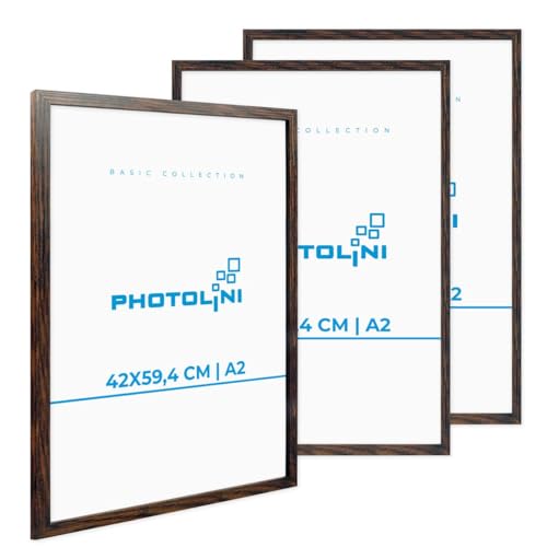 PHOTOLINI Bilderrahmen A2 Holz Eiche Dunkel aus MDF, 3er Set Picture Frame Rahmen 42x60, bruchsicheres Acrylglas, DIN A2 Bilderrahmen 60x42 zum Aufhängen, extra Zubehör - A2 Frame für Fotos, Poster von PHOTOLINI