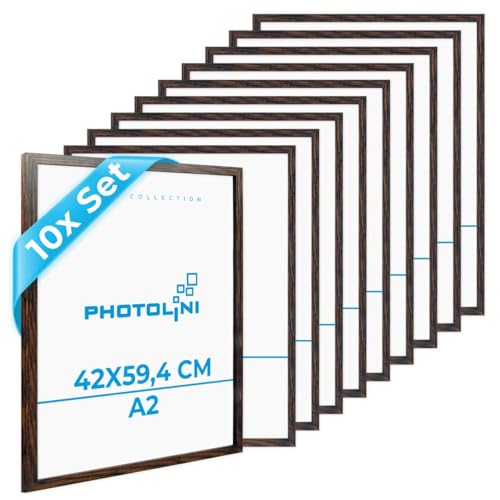 PHOTOLINI Bilderrahmen A2 Holz Eiche Dunkel aus MDF, 10er Set Picture Frame DIN A2 Rahmen 42x60, bruchsicheres Acrylglas, A 2 Bilderrahmen 60x42 zum Aufhängen, extra Zubehör - A2 Frame Fotos, Poster von PHOTOLINI