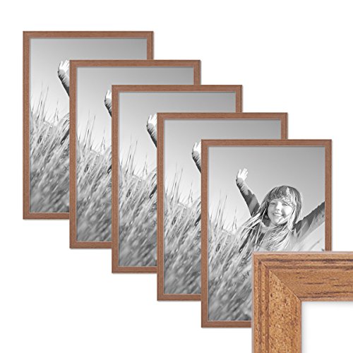 PHOTOLINI Bilderrahmen A3 30x42 cm Holz Eiche-Optik Landhaus-Stil, 5er Set Holz-Rahmen, Made in Germany, Echtglas, zum Aufhängen, mit Zubehör - perfekt für Familienfotos & Urlaubsbilder von PHOTOLINI