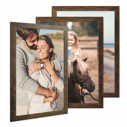 PHOTOLINI Bilderrahmen A3 Holz MDF Eiche Dunkel, 3er Set A3 Bilderrahmen 30x42 breit, Rahmen DINA3 mit Acrylglas, Picture Frame 42 x 30 zum Aufhängen, Frame DIN A 3 42x30 mit Zubehör für Wandideen von PHOTOLINI