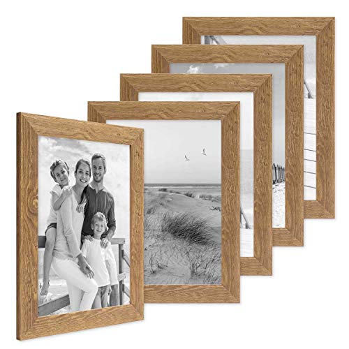 PHOTOLINI Bilderrahmen A4 21x30 cm Holz Eiche-Optik, 5er Set Echtholz-Rahmen rustikal, Strandhaus, Made in Germany, Echtglas, zum Aufhängen, extra Zubehör - Treibholzlook mit einem Hauch Küstenflair von PHOTOLINI