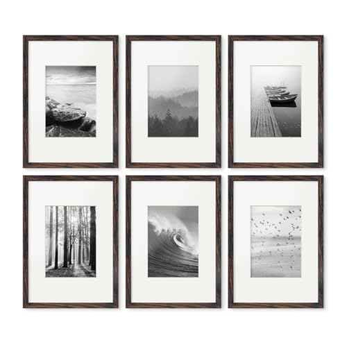 PHOTOLINI Bilderrahmen A4 Holz MDF Eiche Dunkel, 6er Set DIN A4 Bilderrahmen 21x30 cm mit Passepartout, Acrylglas, picture frame zum Aufhängen & Aufstellen, Rahmen mit Zubehör 30x21 für Fotos, Poster von PHOTOLINI