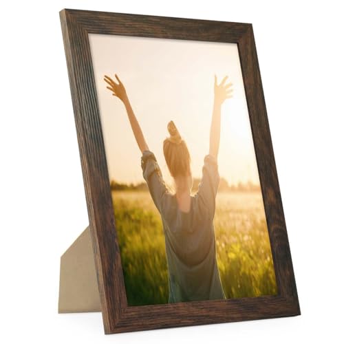 PHOTOLINI Bilderrahmen A4 Eiche Dunkel Holz MDF, moderner breiter DIN A4 Bilderrahmen 21x30, bruchsicheres Acrylglas, picture frame zum Aufhängen & Aufstellen, Bilder Rahmen 30x21 mit Zubehör von PHOTOLINI