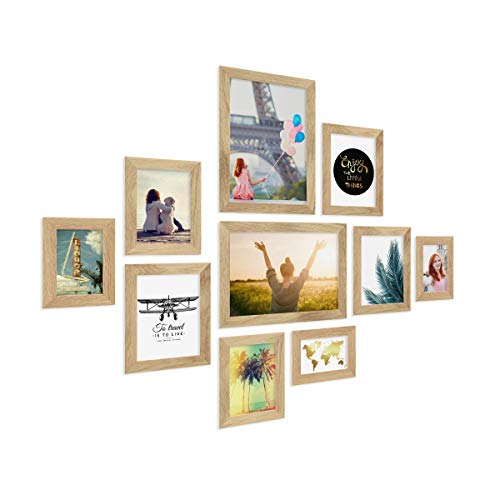 PHOTOLINI Bilderrahmen Set Holz, Fotorahmen Holz Echtholz, 10er Bilderrahmenset Wand Collage, photo frames for wall mit Acrylglas aufhängen, Eiche Bilderrahmen Set verschiedene Größen mit Zubehör von PHOTOLINI